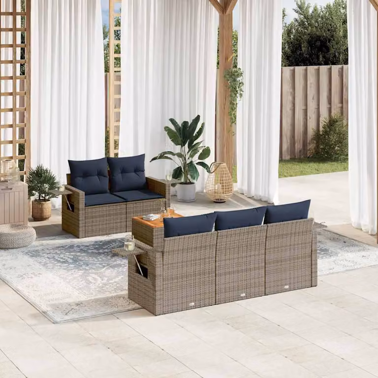 Set di divani da giardino vidaXL in polyrattan grigio con cuscini e tavolino da esterno a forma di L per 6 persone