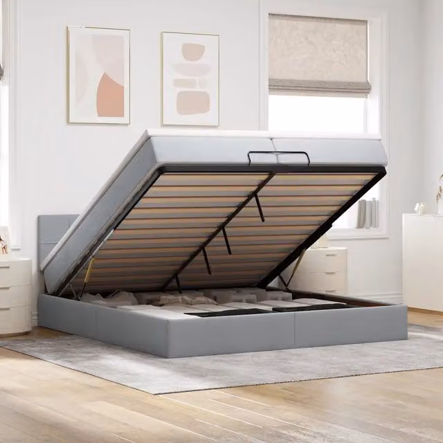 Letto con contenitore a sollevamento vidaXL in tessuto grigio e bianco con illuminazione sottostante e porta USB, L 200 x P 200 x H 280 cm – 1