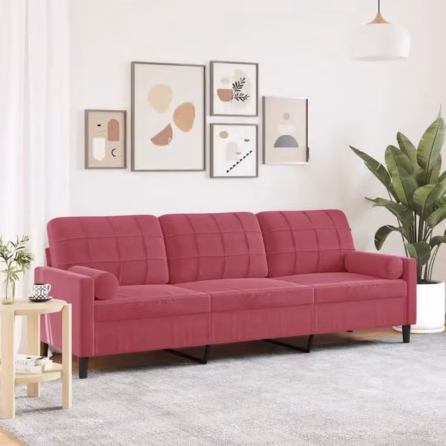 Divano a 3 Posti con Cuscini-Sofa 3 Posti con Cuscini Rosso Vino 210 cm in Velluto