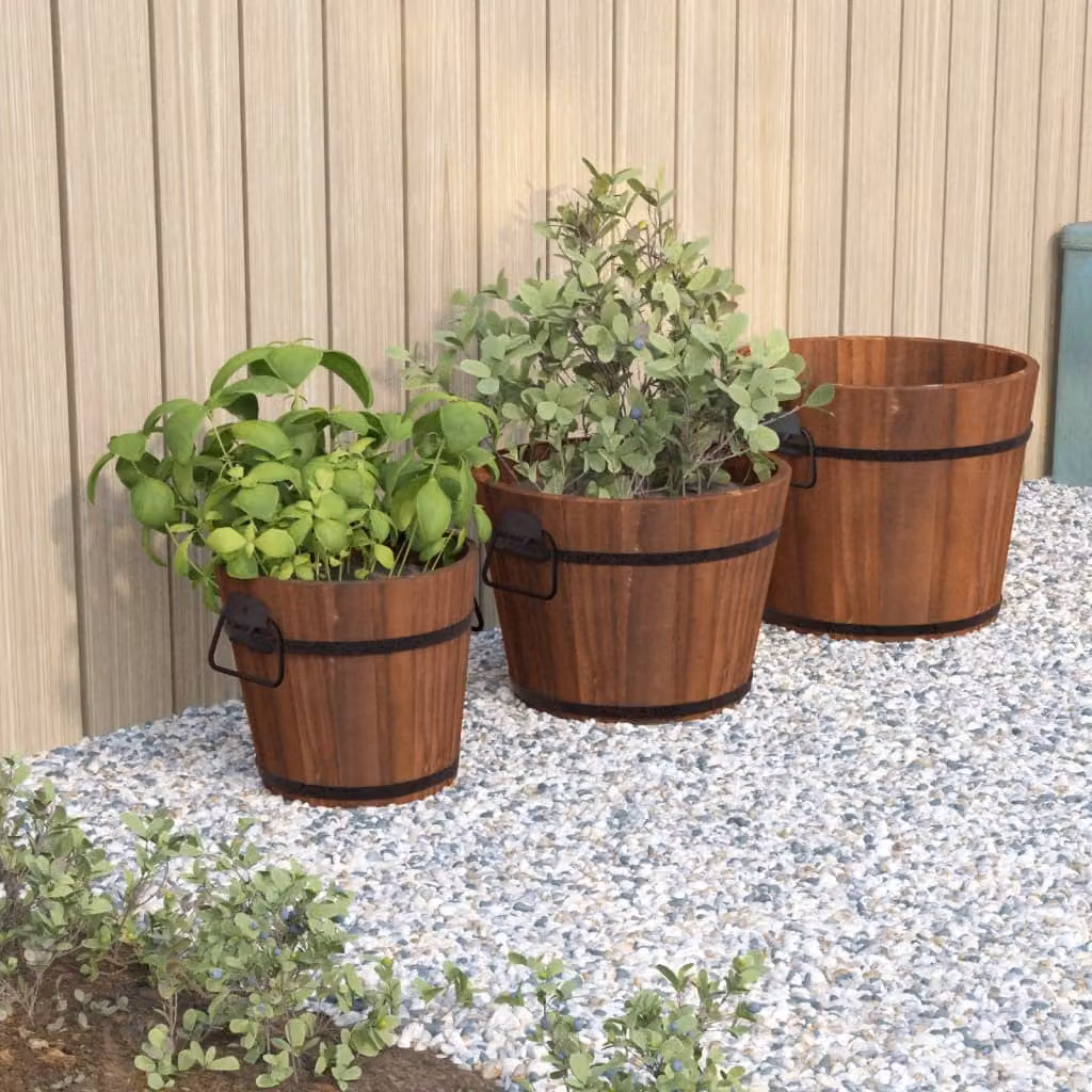 Set di 3 vasi per fiori vidaXL in legno di abete e metallo, disponibili nei colori nero o marrone, con dimensioni: H 35 cm, L 45 cm, P 35 cm