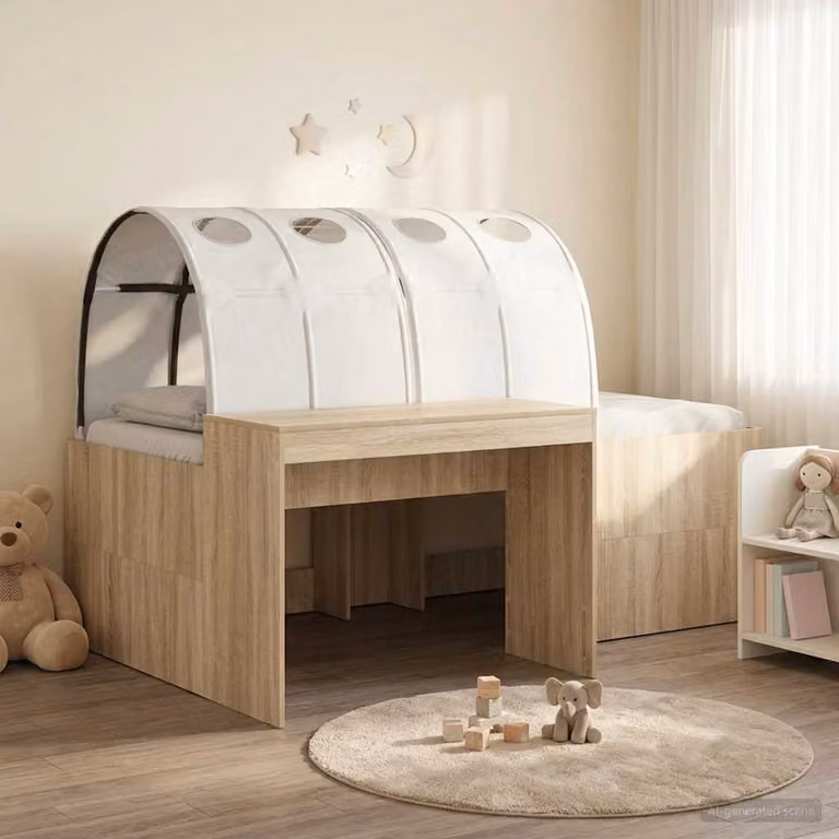 Letto per bambini con struttura a casetta e tunnel vidaXL in legno, Bianco e Rovere, L/P/H: 200 x 140 x 120 cm