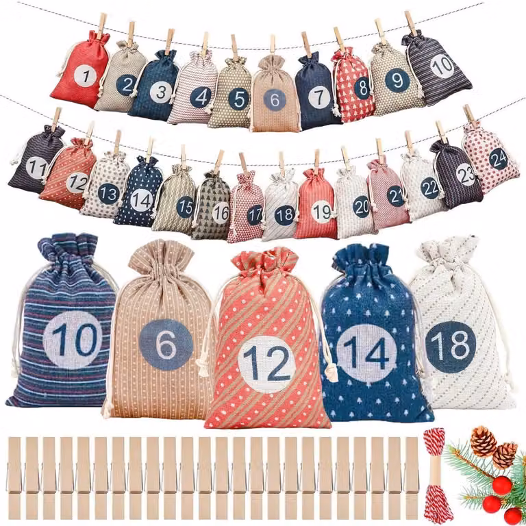 Calendario dell'Avvento da riempire personalmente, composto da 24 sacchetti di juta con numeri, dimensioni 10x15,5 cm, inclusi fermagli e nastro