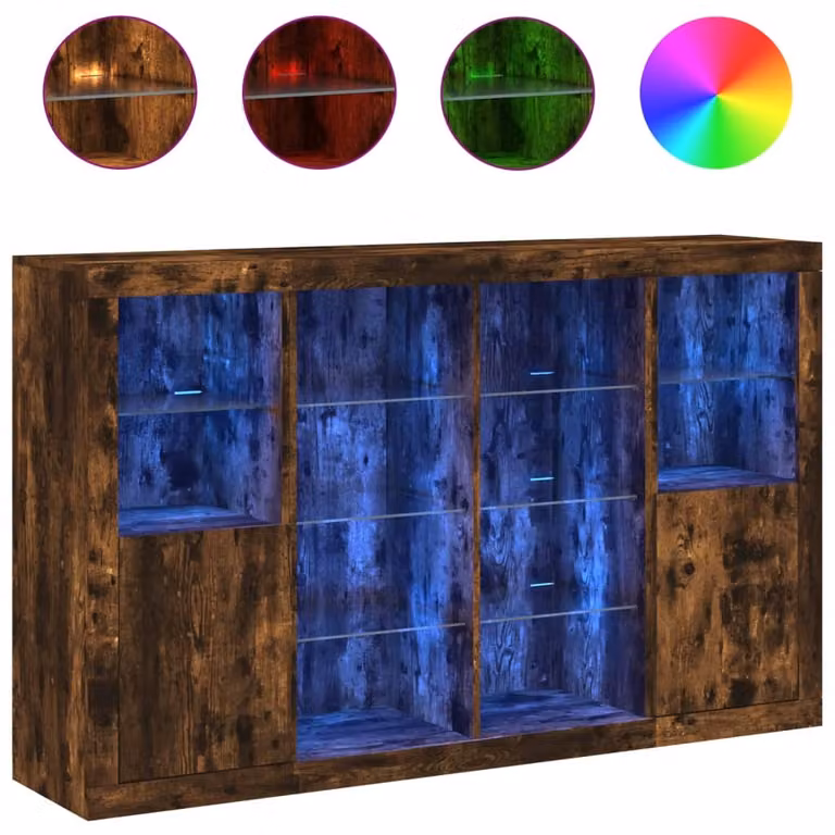 Credenze con Luci LED 3 pz Rovere Fumo in Legno Multistrato