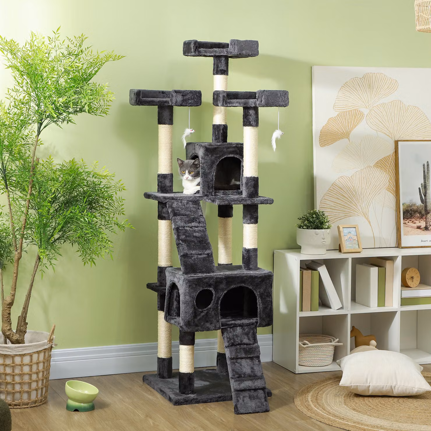 Albero Tiragraffi per Gatti PawHut con Due Cucce in Peluche, Giocattoli Integrati e Sisal, Grigio, L 50 cm x P 50 cm x H 170 cm – 2