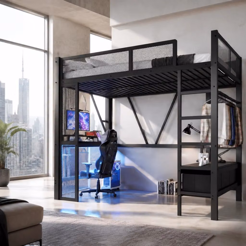 Letto a soppalco Mivray nero con scrivania, armadio aperto, 3 cassetti, panca e illuminazione LED con porta USB, L/P/H: 204 x 140 x 180 cm – 2