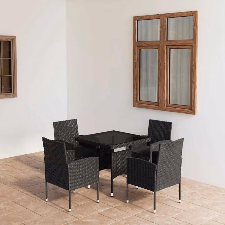 Set da pranzo da giardino vidaXL in 5 pezzi in polyrattan nero con piano in vetro