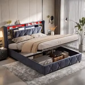 UnboxG Letto imbottito 140x200cm con funzione di ricarica (USB e presa di corrente), letto a molle insacchettate con contenitore, letto per giovani letto matrimoniale con LED, velluto, grigio