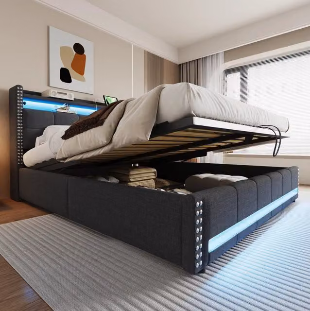 Letto matrimoniale imbottito 180x200 cm con LED; USB; contenitore e testiera con ripiani; grigio