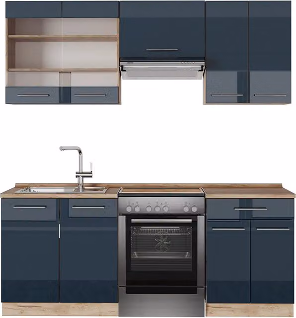 Armadi da cucina Vicco Fame-Line Blu scuro lucido e Rovere dorato, L: 200 cm