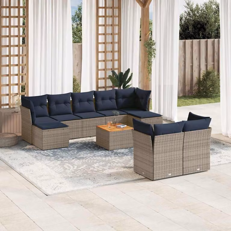 Set di divani da giardino vidaXL in polyrattan grigio con 10 pezzi, compresi cuscini e tavolino da esterno
