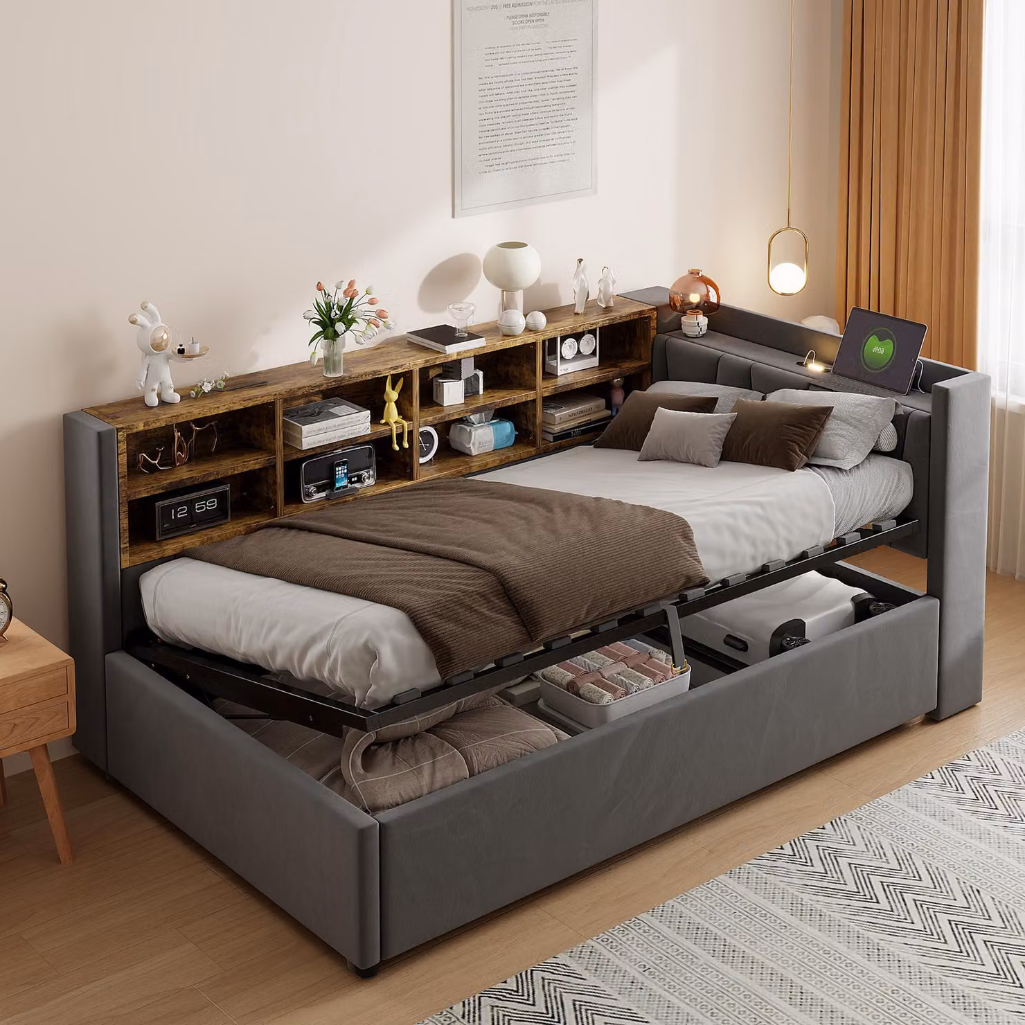 Divano letto 90x200 cm con spazio contenitore a pistone idraulico, luce notturna, porte USB e di tipo C, ripiani, vani contenitori, rivestimento in velluto, colore grigio scuro