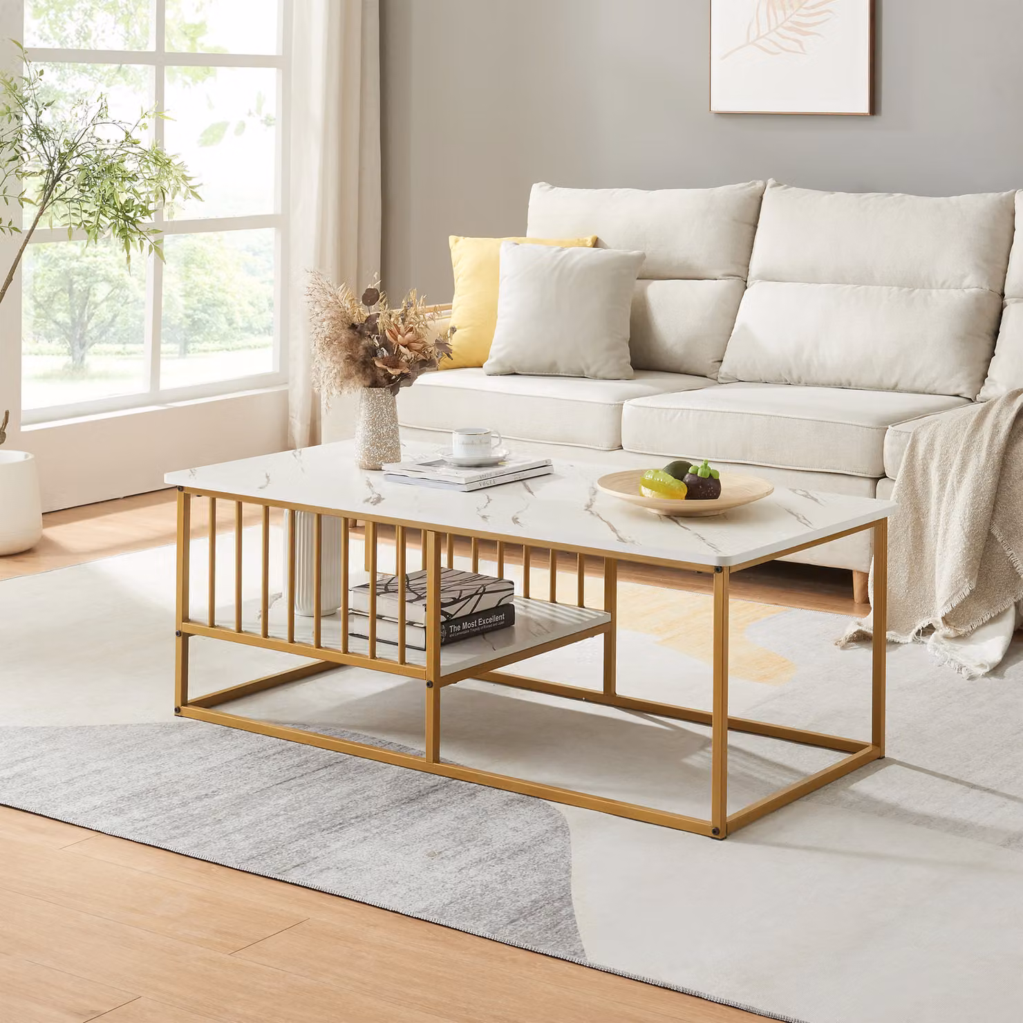 Tavolino 'Raukurg' con un ripiano 120 x 60 x 44 cm aspetto marmo, bianco / oro