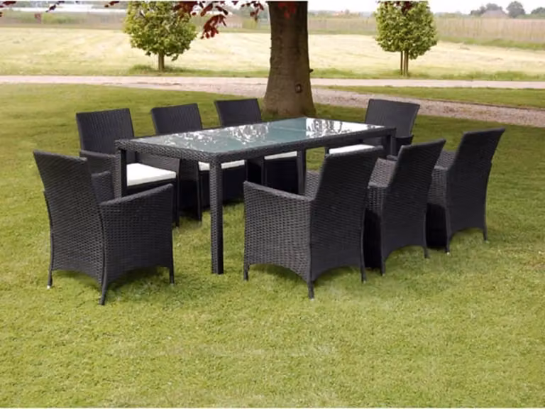 The Living Store Set da pranzo da giardino 9 pezzi con cuscini in poly rattan nero