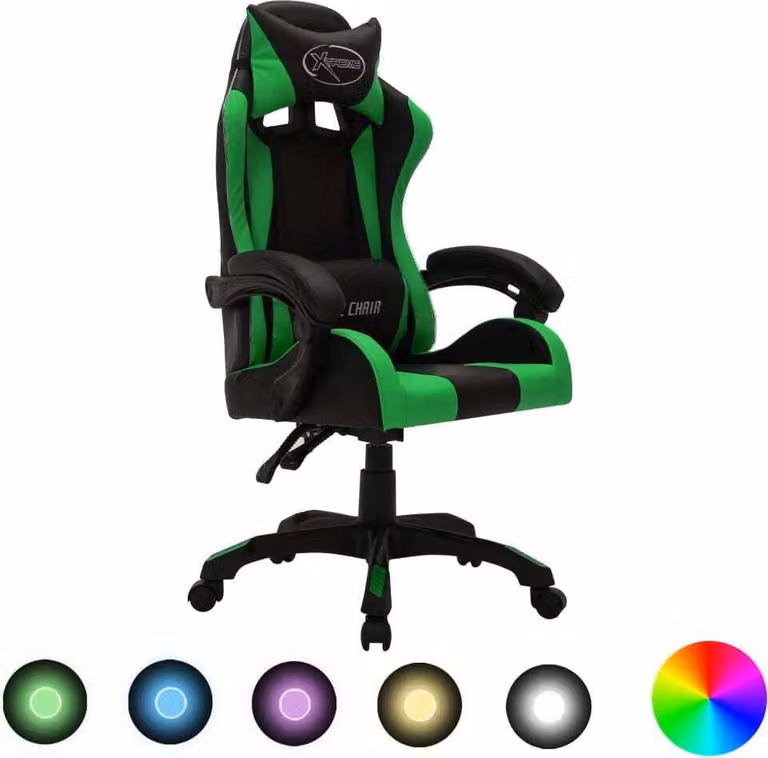 Sedia da gioco con luci LED RGB in ecopelle verde e nera