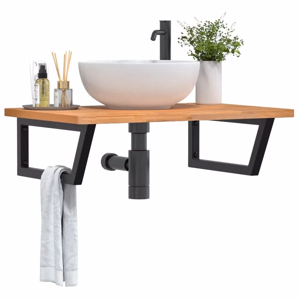 Ripiano a parete per lavabo moderno in acciaio nero e massello di faggio marrone – 2
