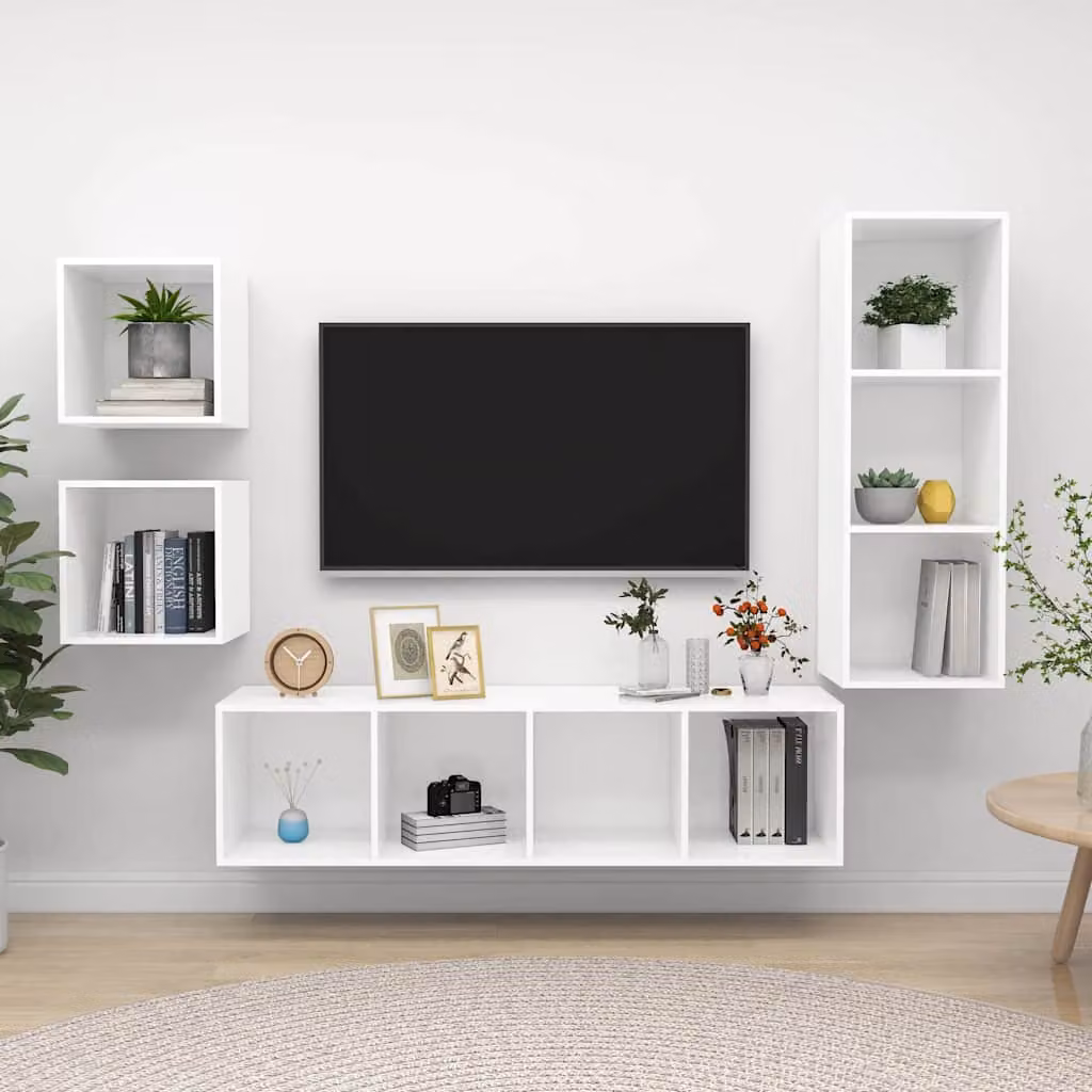 Set di mobili porta TV vidaXL 4 pezzi in legno e MDF bianco opaco per soggiorno in stile minimalista