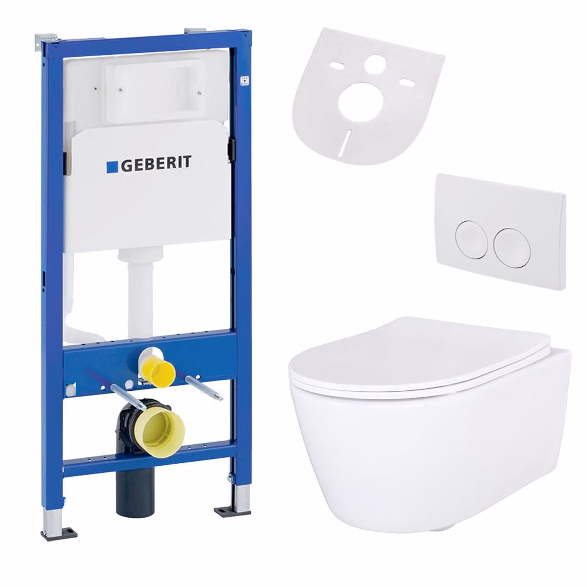 Set WC sospeso Belvit senza brida con sedile WC Softclose ed elemento pre-parete Geberit UP100 in Vetroceramica per montaggio a parete
