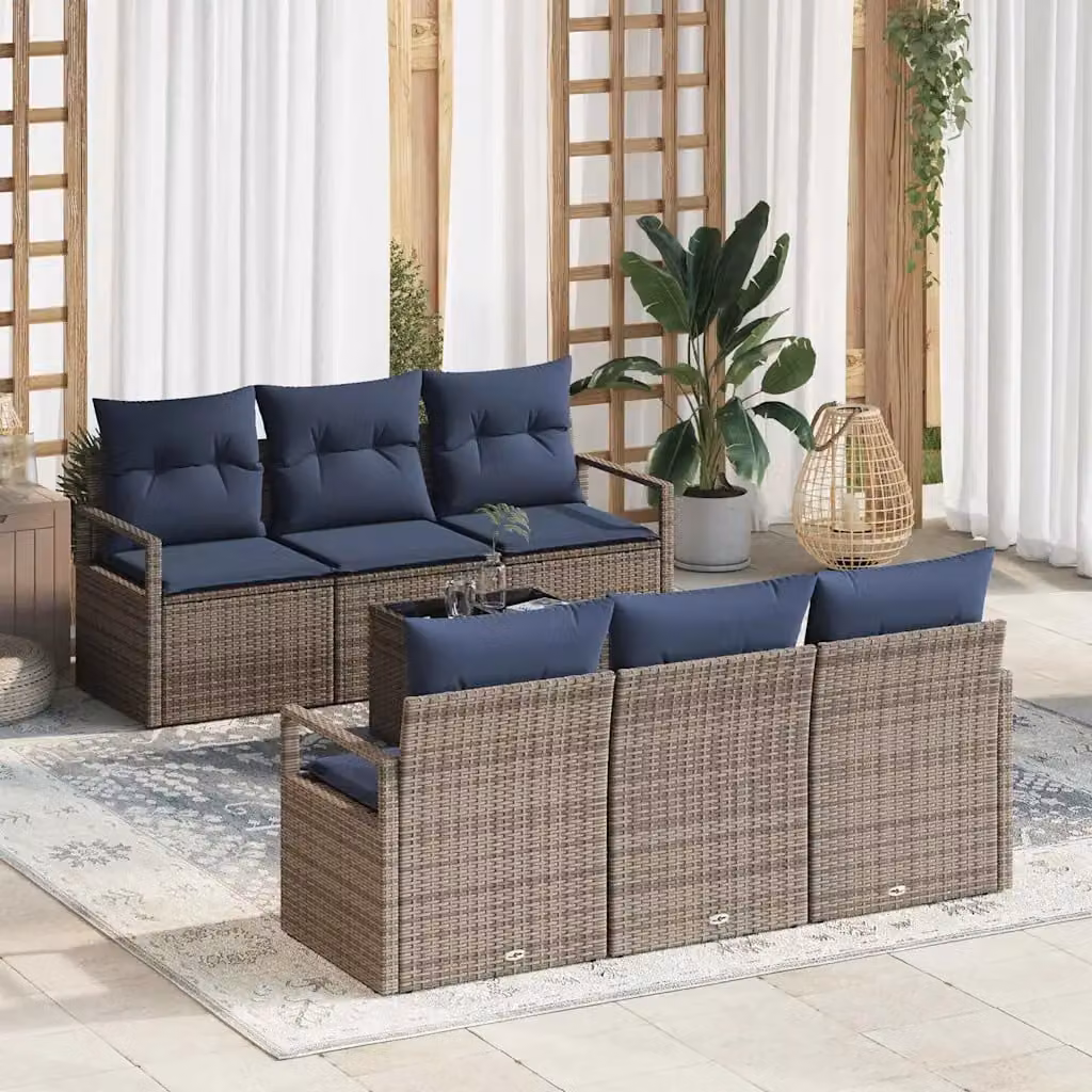 Set di divani da giardino vidaXL a forma di U composto da 7 pezzi con colori grigio e blu navy, inclusi cuscini e tavolino da caffè