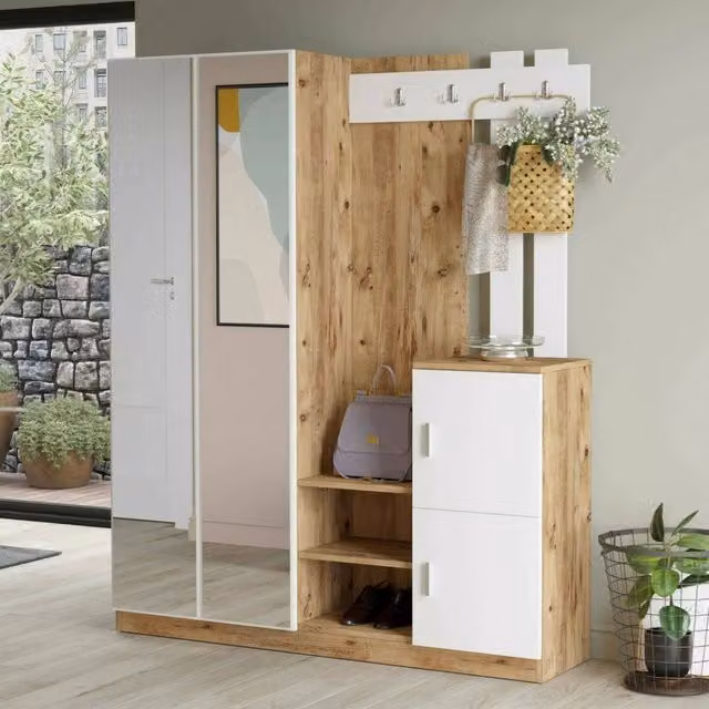 Mobile da ingresso Arcibaldo, Entratina appendiabiti, Composizione per atrio, Consolle portaoggetti multifunzione, 147x38h180 cm, Quercia e Bianco