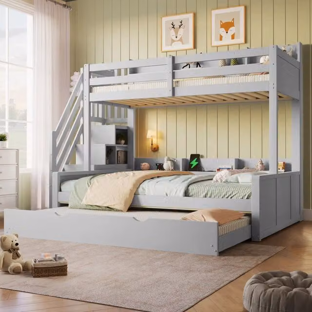 Letto a castello 90x200 e 140x200 cm con letto estraibile; USB e contenitori grigio