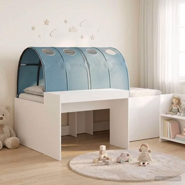 vidaXL Letto per bambini con tunnel in legno e tessuto, L/P/H: 193 x 120 x 75 cm, Colore Marrone, Blu e Bianco