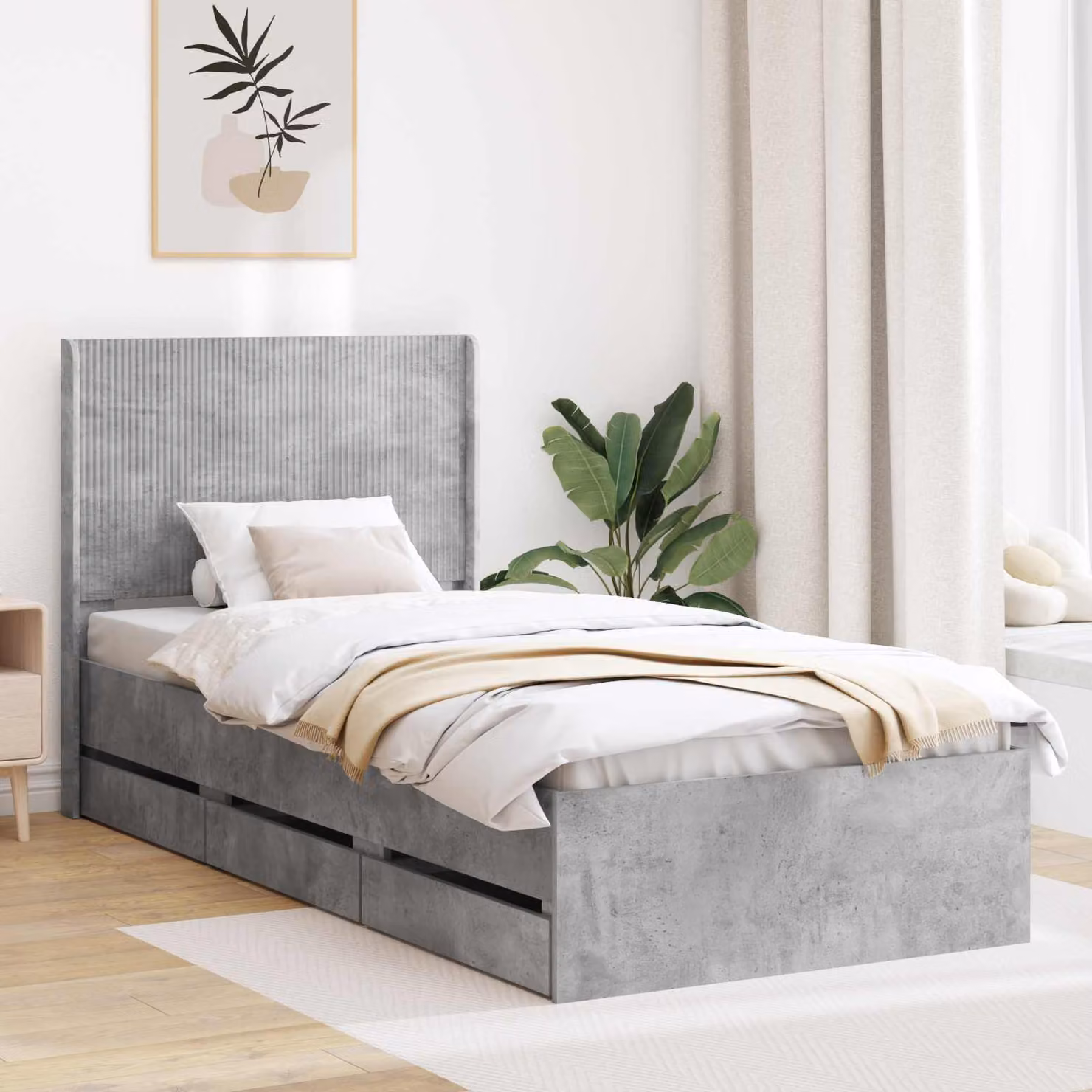 Struttura letto con stoccaggio e testata vidaXL in legno e tessuto, Grigio, L: 140 cm x P: 100 cm x H: 203 cm