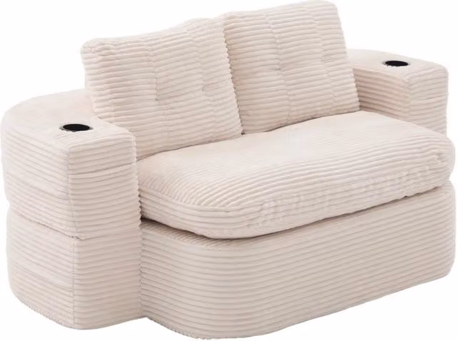 Poltrona relax 2-in-1 con funzione chaise longue; portabevande e tasche in velluto a coste beige