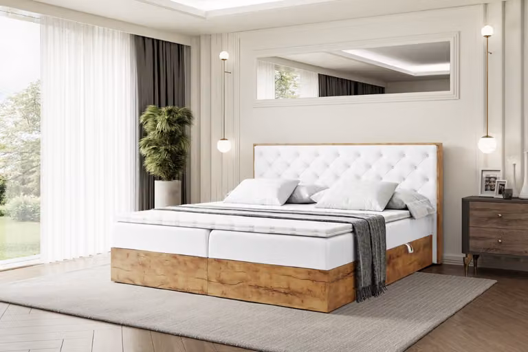 Letto boxspring ALTDECOR con materasso e rete a doghe, topper, pediera, letto imbottito con contenitore, letto con spazio contenitivo e materasso H3, letto matrimoniale, letto boxspring - LOLLI3 - 200x200 - Ecopelle bianca