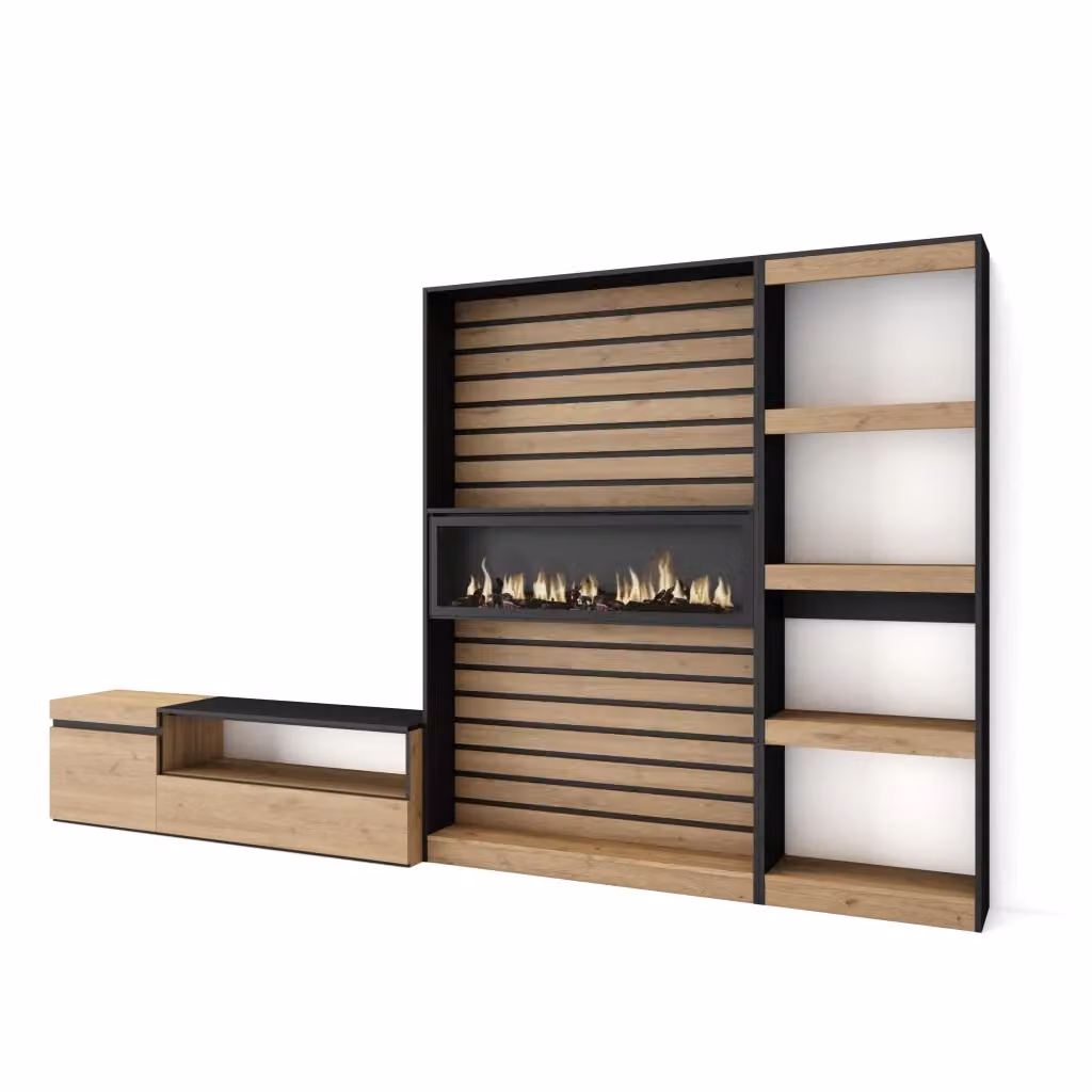 Mobile TV per soggiorno SKRAUT HOME con camino elettrico, colore Rovere e nero, L: 320 cm, P: 35 cm, H: 186 cm – 2