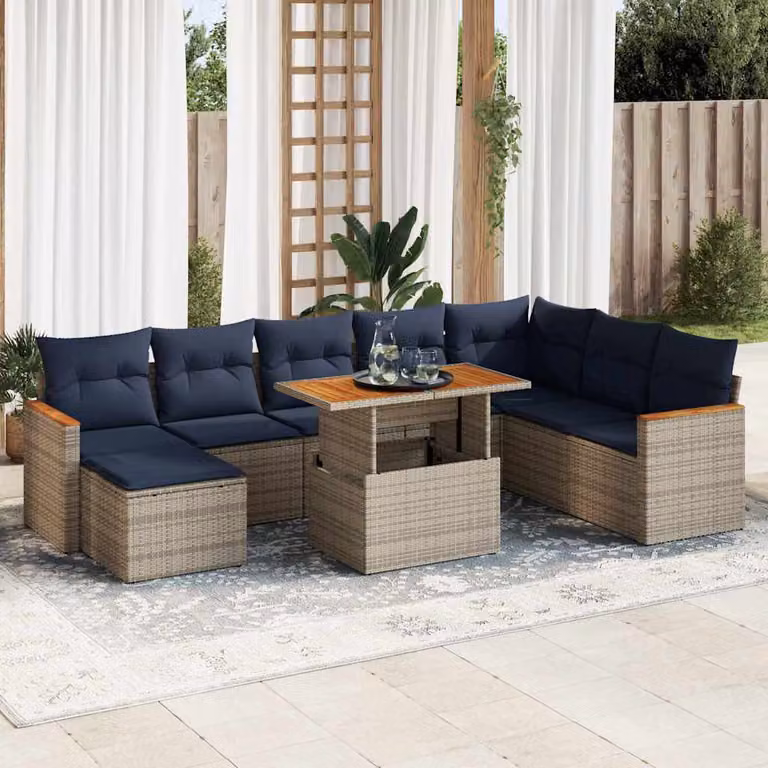Set Divano da Giardino vidaXL 9 pz a Forma a L in Polyrattan con Cuscini e Tavolino, Grigio