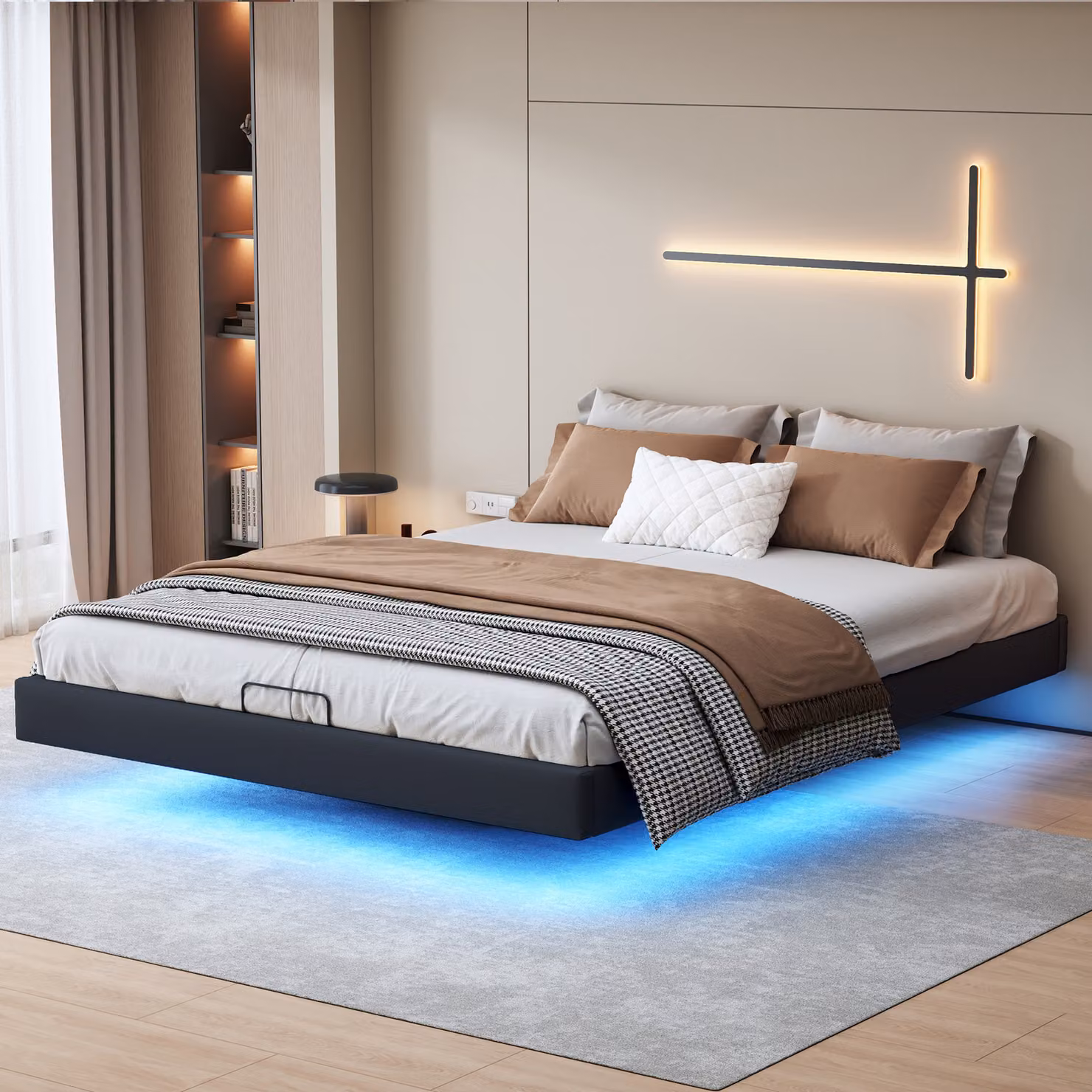 Letto con contenitore per adulti, 160 x 200 cm, design fluttuante, senza testata, con illuminazione LED, nero