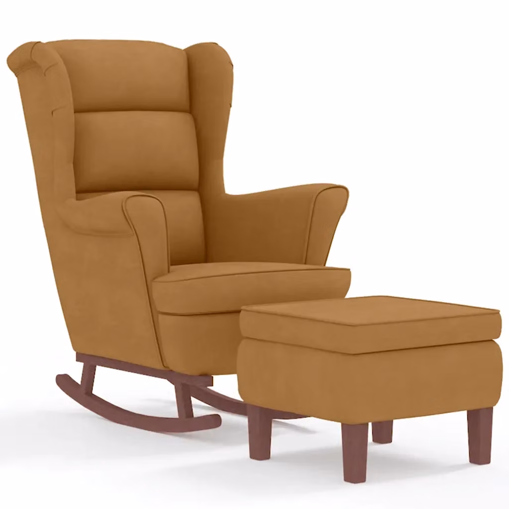 Sedia a dondolo con schienale alto in velluto marrone e pouf vidaXL con struttura in legno massiccio – 2