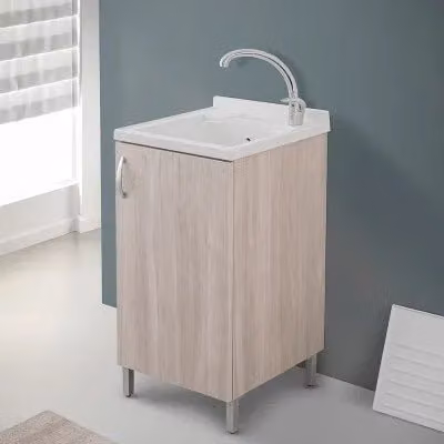 Mobile lavatoio moderno in legno color olmo con vasca in resina e strofinatoio, L: 83 cm, P: 43 cm, H: 49 cm