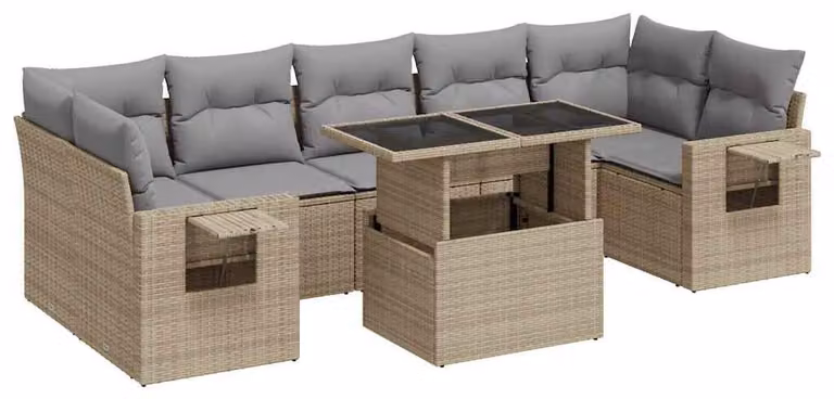 Set da salotto per esterni, 8 pezzi, color beige, in rattan sintetico. Include cuscini