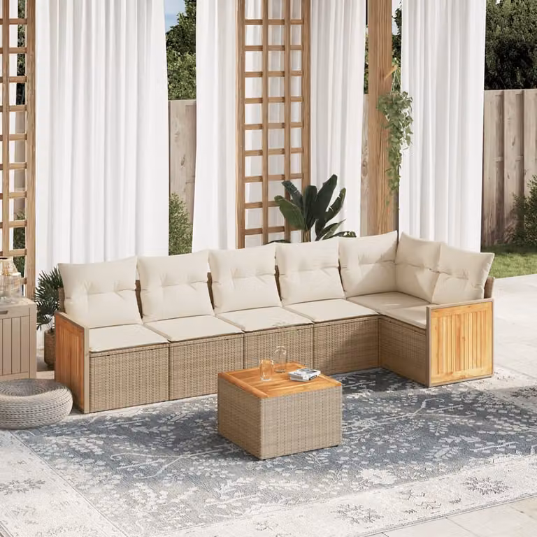 Set di divani da giardino vidaXL a forma di L composto da 7 pezzi con cuscini beige in polyrattan e tavolo da caffè per esterno