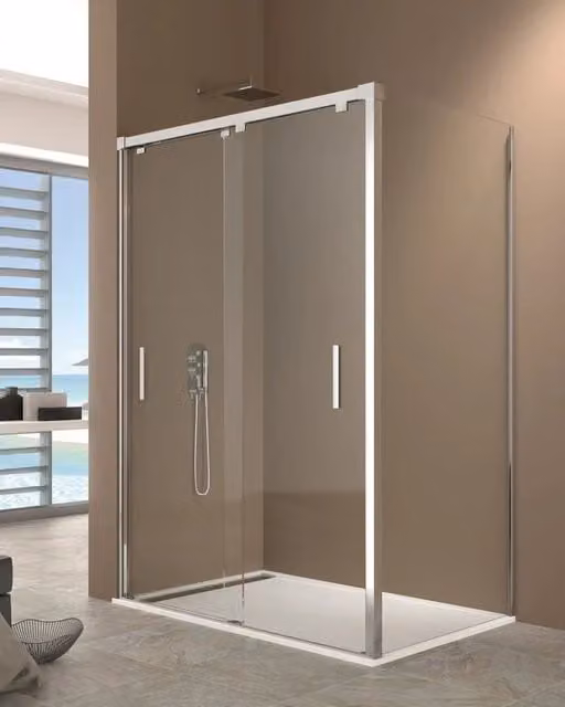 Box doccia angolare rettangolare DUCHA con ante scorrevoli in vetro trasparente e finitura argento, L: 140 cm, P: 80 cm