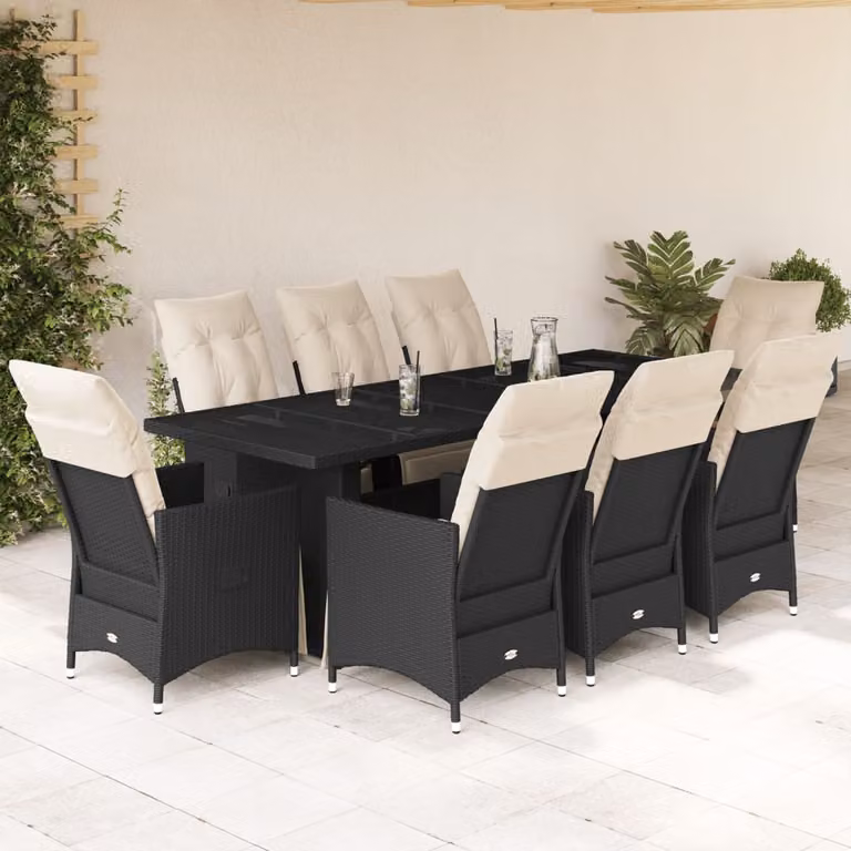 Set Bistrò da Giardino vidaXL 9 pz in Polyrattan Nero con Piano in Vetro e Cuscini