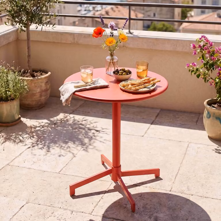 Tavolo da giardino bistrot rotondo con piano rosso pieghevole - Oviala Palavas