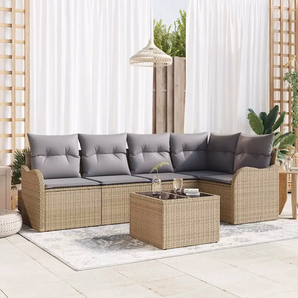 Set Divano da Giardino vidaXL a L in Polyrattan Beige con 6 Pezzi, Tavolino e Contenitore per Cuscini – 1