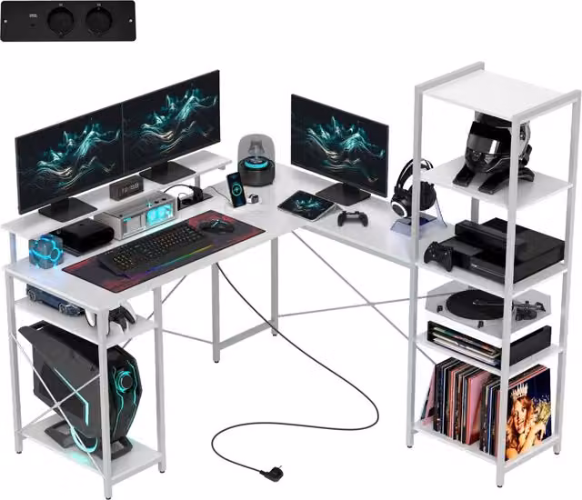 Scrivania angolare a L per computer con stazione di ricarica USB supporto per monitor e ripiani salvaspazio da ufficio bianco