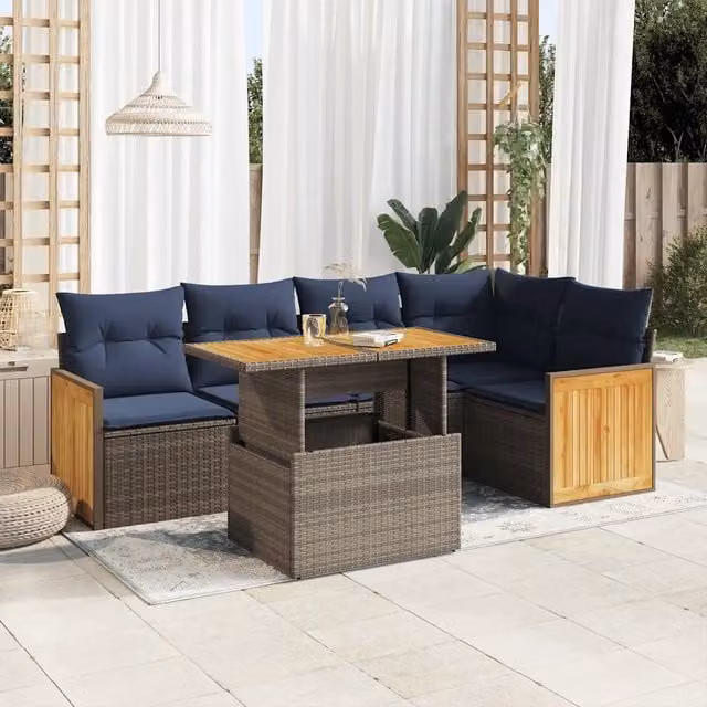 Set Divano da Giardino a L con Polyrattan e Legno di Acacia vidaXL, 6 Pezzi con Cuscini Grigio e Blu