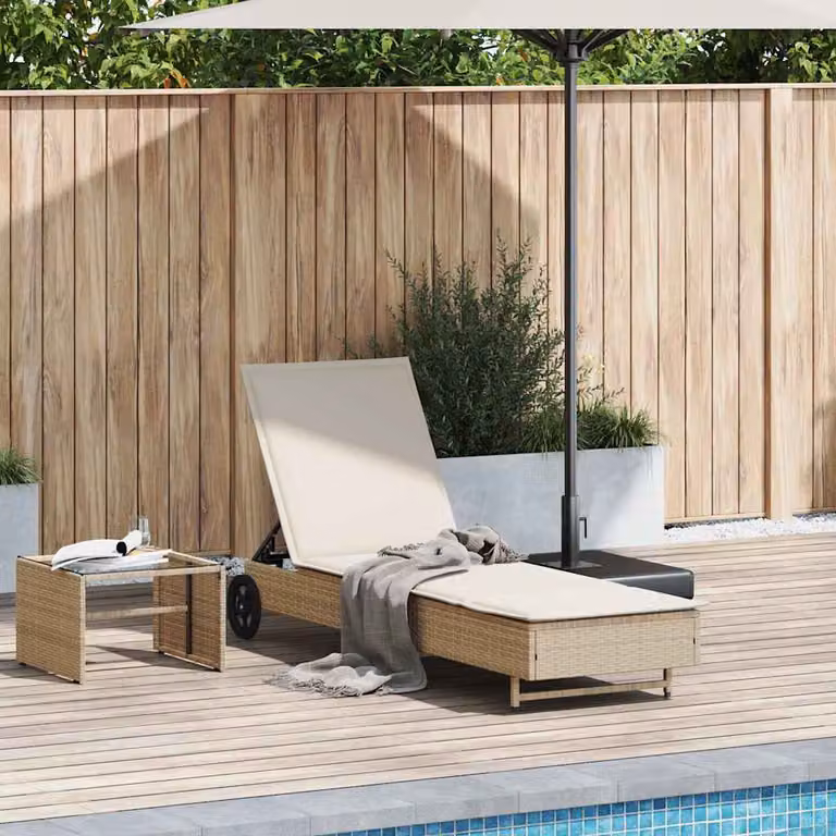 vidaXL Lettino Prendisole in Polyrattan Beige con Ruote e Cuscino Regolabile