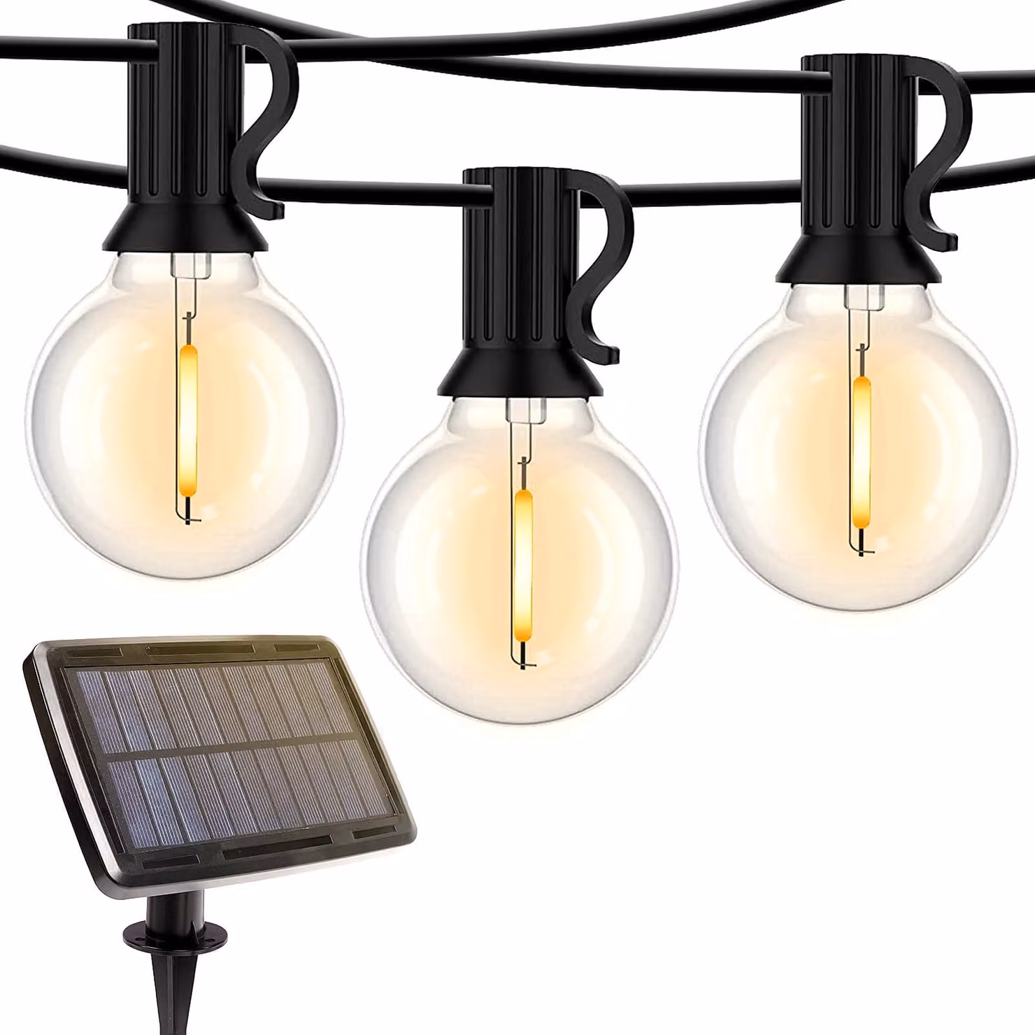 Catena luminosa solare, 15 metri, 25+3 LED G40, grado di protezione IP65, luce bianco caldo