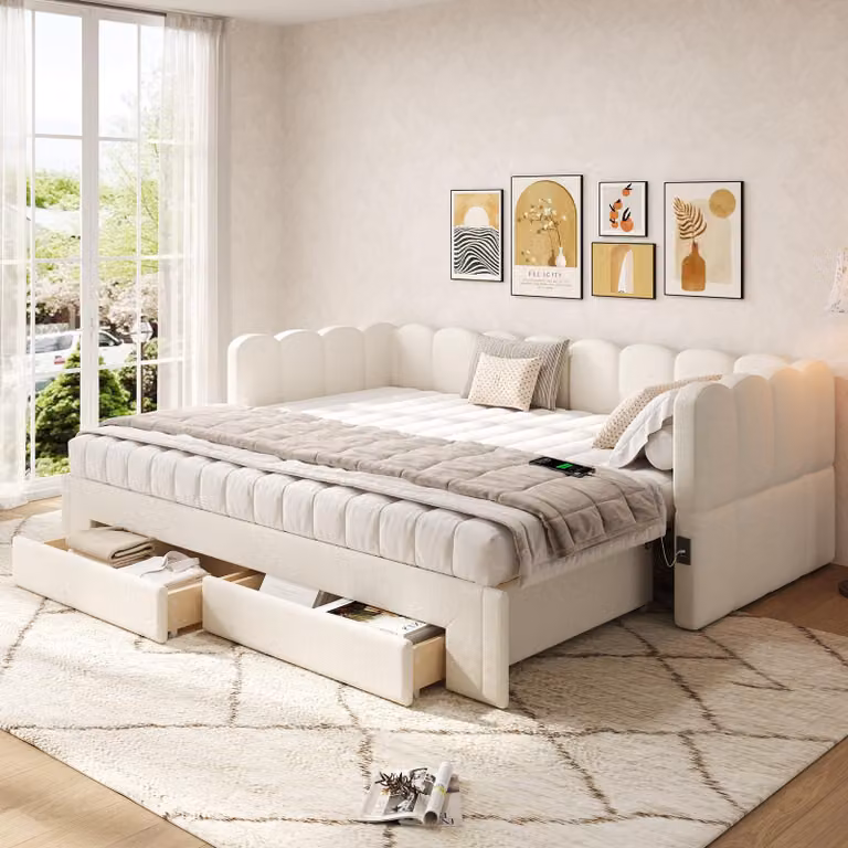 Letto imbottito Flieks 90x200 cm con letto estraibile, divano letto Daybed con USB e Type-C, letto per ragazzi Daybed con 2 cassetti, lino, beige