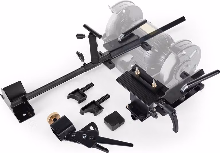 Dispositivo di affilatura e rettifica per smerigliatrice doppia - Set di accessori - Per 150/200 mm - Piattaforma e guida per la curva - Poggiautensili e calibro - Per scalpelli e utensili di tornitura