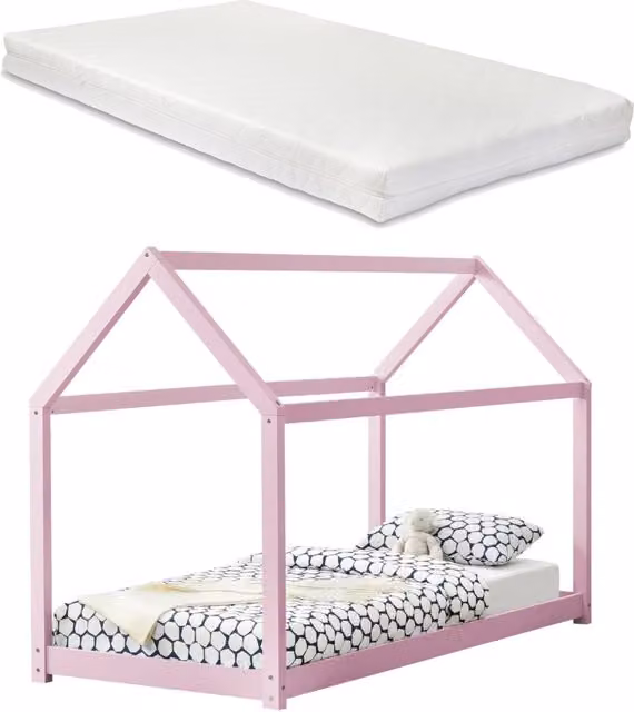 Letto a casetta Netstal en.casa in legno di pino rosa con materasso incluso per cameretta bambini L/P/H: 206 x 90 x 142 cm