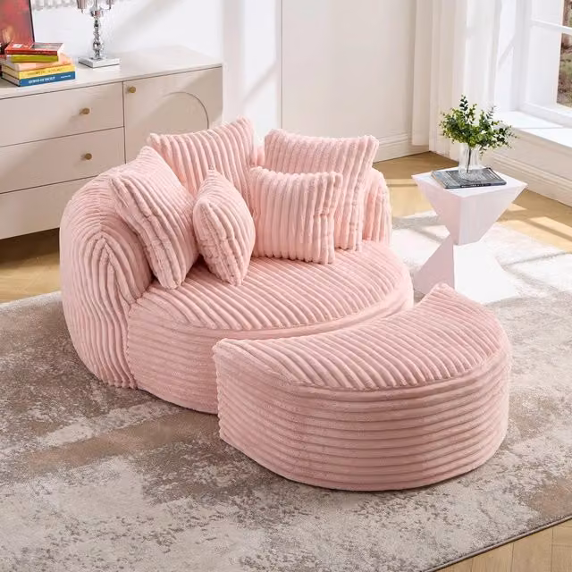 Divano letto senza gambe con pouf ¨C Minimal ¨C tessuto imbottito beige 180x120x40cm