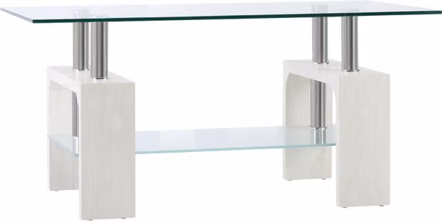 Tavolino da caffè moderno HOMCOM a 2 livelli in vetro trasparente e legno bianco, L: 90 cm, P: 50 cm, H: 42 cm – 1