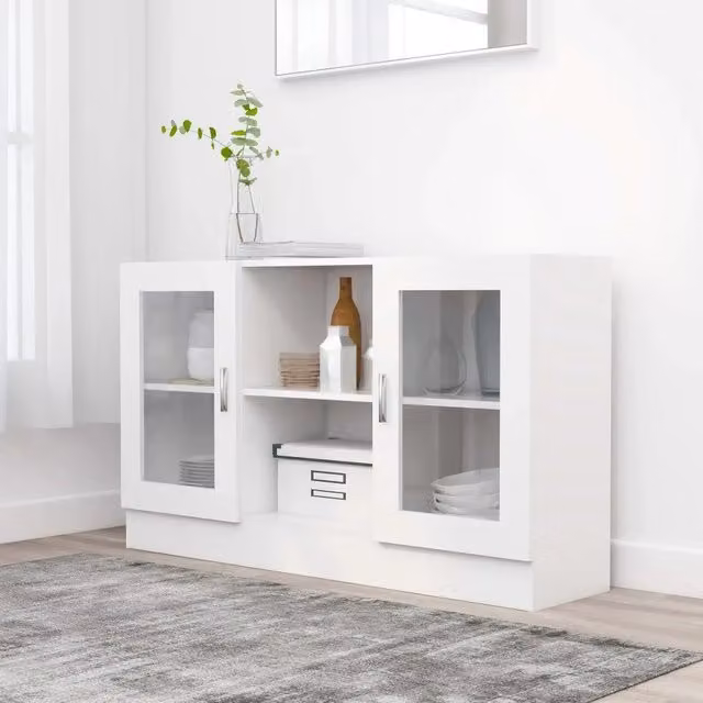 Armadietto con Vetrina vidaXL Bianco in Legno con Ante in Vetro per Soggiorno L: 120 cm, P: 30,5 cm, H: 70 cm