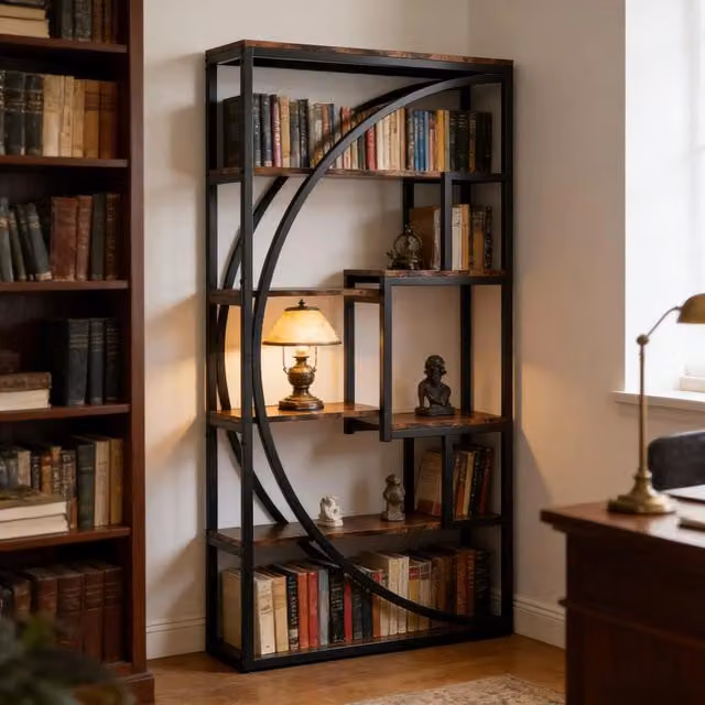 Libreria geometrica moderna REDOM in metallo e legno Nero/Marrone, L 80 cm x P 30 cm x H 179 cm – 1